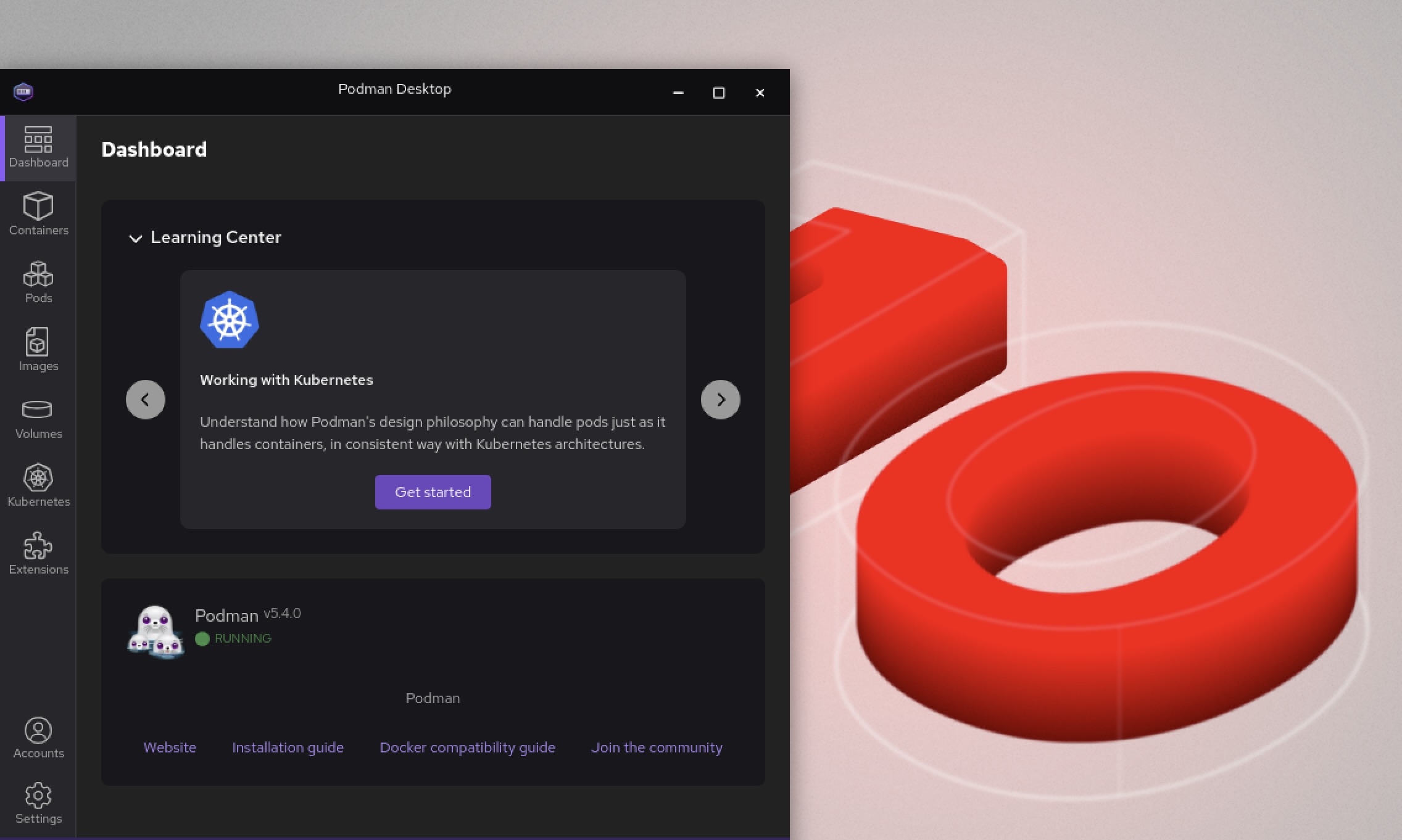Screenshot of Podman Desktop on RHEL 10